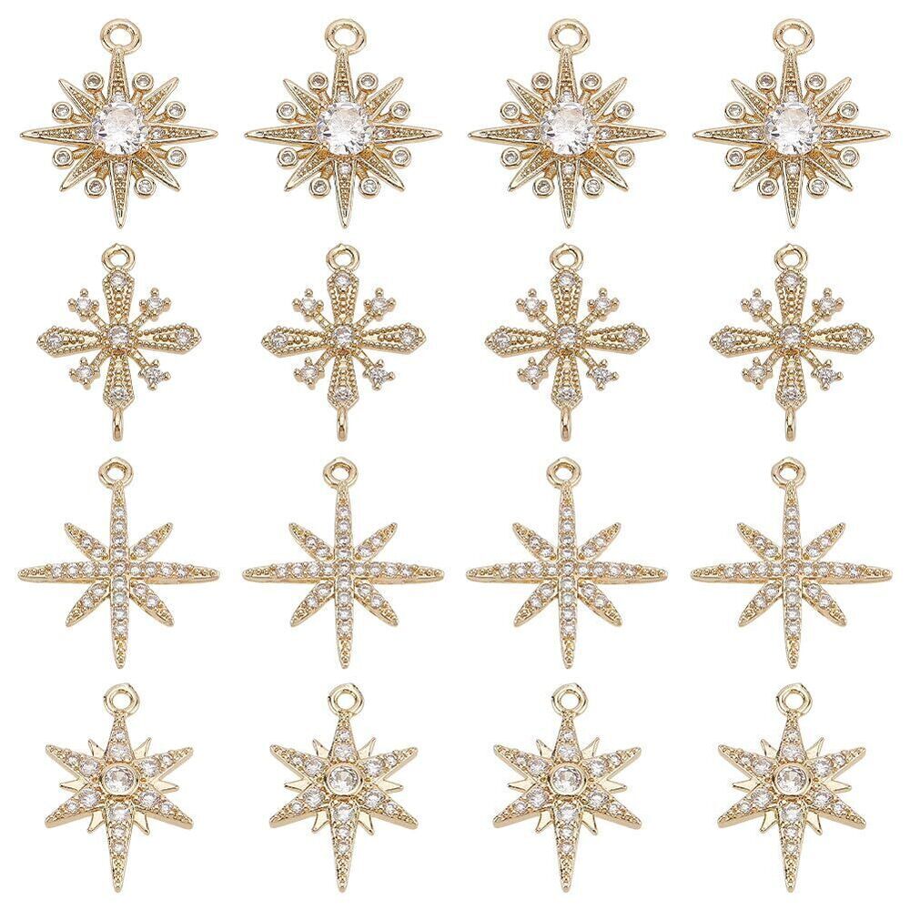6167 4 Styles Cubic Zirconia Star Charms16pcs North Star Charms Golden